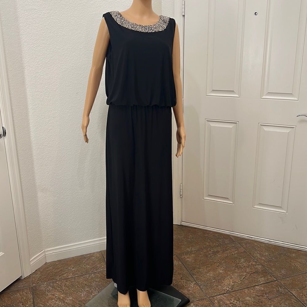 R & M Richards Black Dress Diamond Beaded Neck Maxi Side Zipper